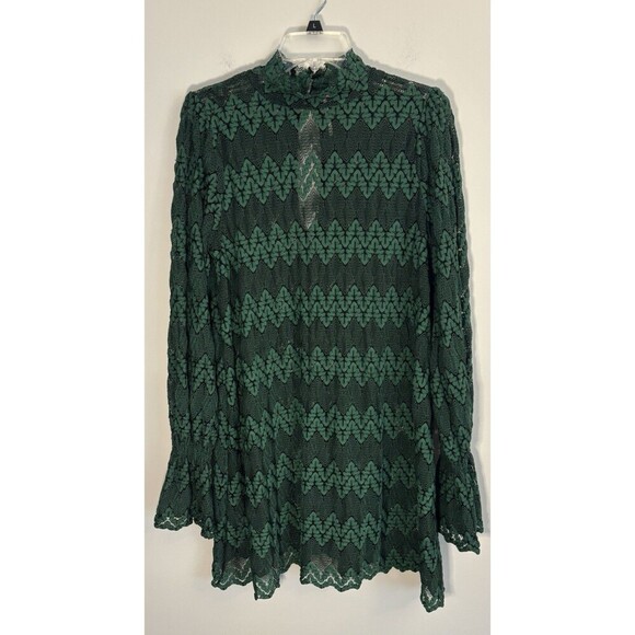 FREE PEOPLE Simone Mock Neck Lace Dress Women Med Green Bell Long Sleeve BOHO - Picture 2 of 11